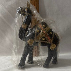 New Vintage Solid Wood Hand-Carved Camel Embellished With Copper and Brass